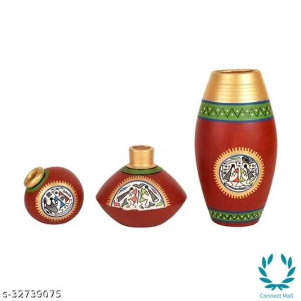 Handcrafted Rustic Warli Vases In Red Colour Pack Of 3 Sizes - 3